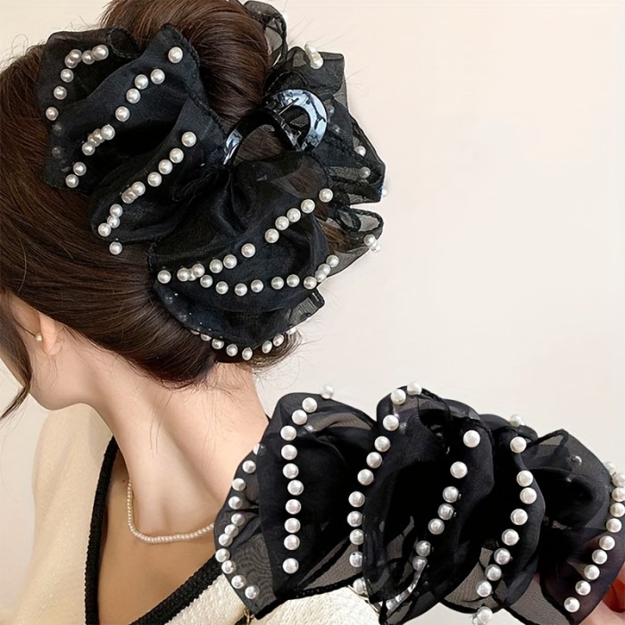 1pc Elegant Bohemian Style Large Hair Clip with Imitation Pearls & Bow, Non-Slip, Strong Grip for Thick Hair, Fashion Accessory (Decorative Accessory Color Position Random), Stylish Hair Accessory | Decorative Bow Hair Clip | Secure Hair Clip, Hair Clip for Long Hair
