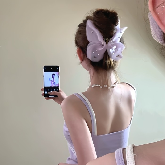 💎Korean Luxury Diamond Bow Hair Clip ✨ Elegant Mesh Shark Clip for Women