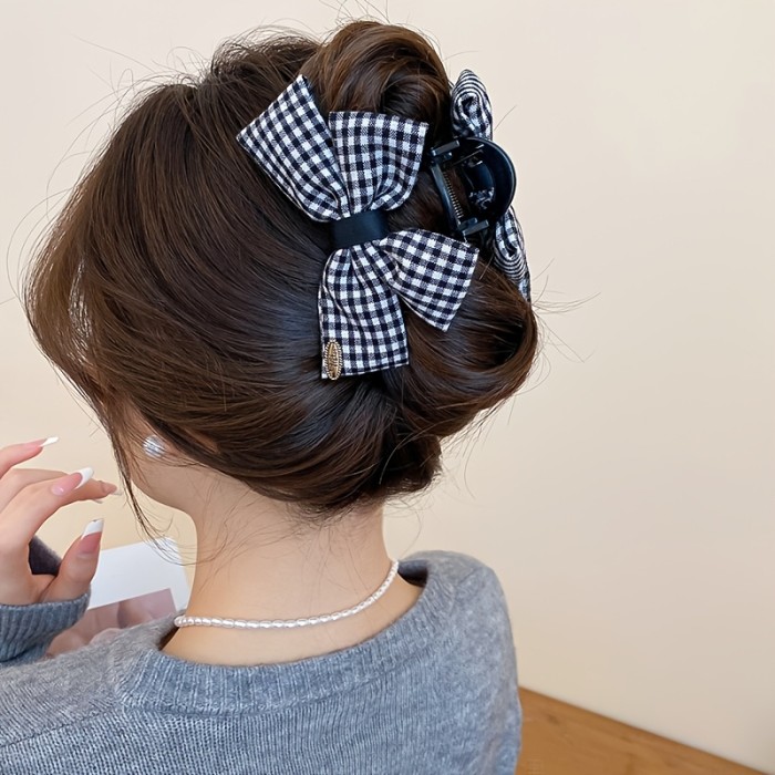 Elegant Hair Clip Elegant Double-Sided Gingham Bow Acrylic Hair Clip - Medium Size Black & White Checkered Hair Claw Clip for Women, Secure Hold for Casual & Formal Hairstyles, Sleek Design, Single