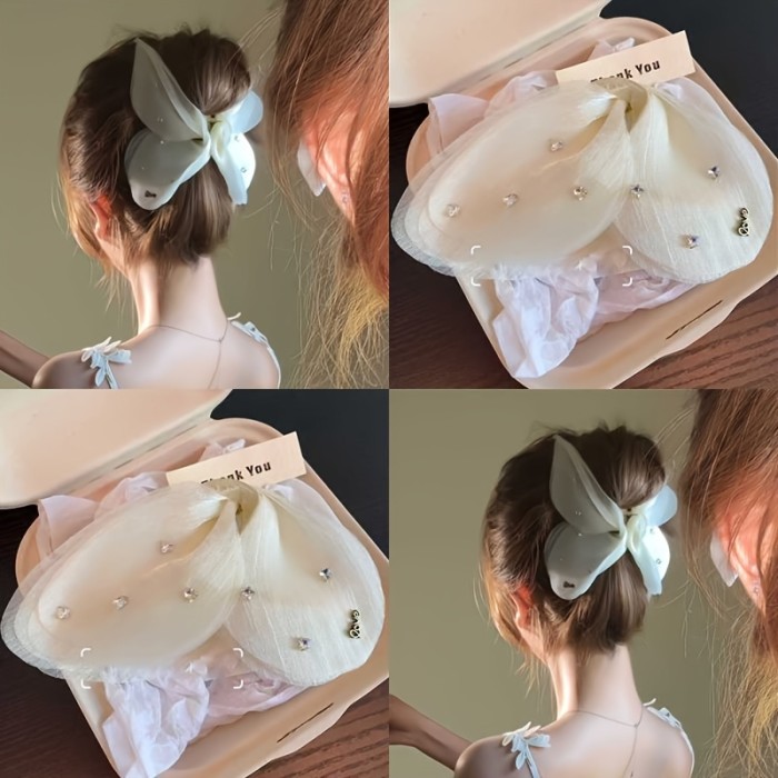 💎Korean Luxury Diamond Bow Hair Clip ✨ Elegant Mesh Shark Clip for Women