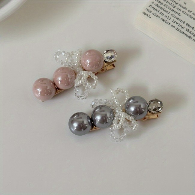 Elegant Pearl & Bow Hair Clip for Women - Retro Duck Bill Design, Metallic Finish, Secure Hold for Updos, Ponytails, Buns - Versatile Hair Accessory for Casual & Formal Events, Cute Hair Clips, Bunmaking Accessory, Sophisticated Style, Metallic Finish Clip