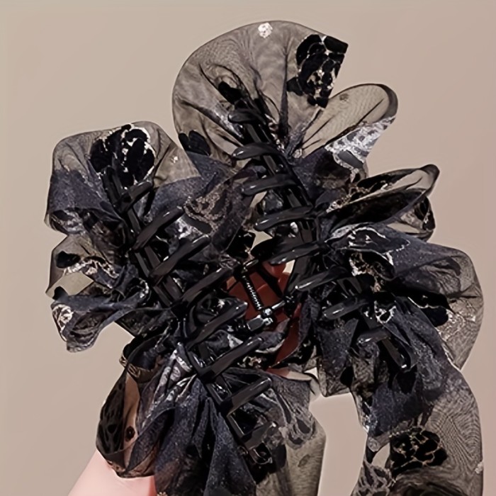 Black Rose Hair Claw with Ribbon Elegant Black Rose Mesh Hair Claw with Long Ribbon - Chic Floral Print, Perfect for All Seasons & Occasions - Ideal Gift for Teens