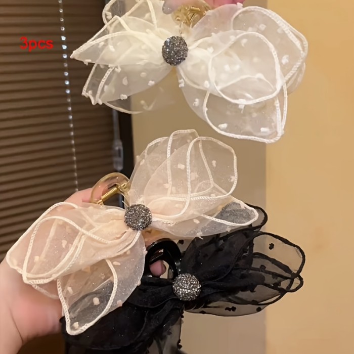 3pcs\u002F1pc Elegant Mesh Polka Dot Bow Hair Claw Clip, Stylish High-End Headwear for Women's Daily Updo, Fashionable and Graceful Hair Accessory, Perfect Gift for Mother's Day, Back-to- Season, Thanksgiving, Christmas, Party Celebrations