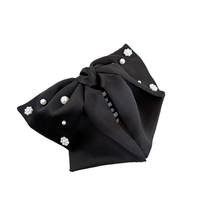 Large Retro Elegant Hair Clip for Women - Black Glossy Satin Bow with -like Accent, Hold Low Ponytail & Bun Maker, Vintage Hair Accessory for Weddings, Parties, Everyday Use (No, Easy Clip-In)