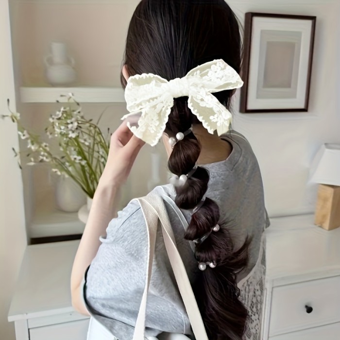 Women's Black Lace Bow & Bead Embellished Spiral Telephone Cord Hair Tie - Elegant Braided Hair Accessory for Ponytails, Buns, Daily & Party Wear, Ponytail Accessories, Festive Hairstyle, Sweet Style, Delicate Embellishment, Stylish Women