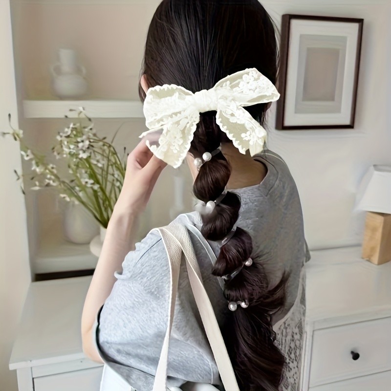 Women's Black Lace Bow & Bead Embellished Spiral Telephone Cord Hair Tie - Elegant Braided Hair Accessory for Ponytails, Buns, Daily & Party Wear, Ponytail Accessories, Festive Hairstyle, Sweet Style, Delicate Embellishment, Stylish Women