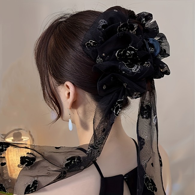 Black Rose Hair Claw with Ribbon Elegant Black Rose Mesh Hair Claw with Long Ribbon - Chic Floral Print, Perfect for All Seasons & Occasions - Ideal Gift for Teens
