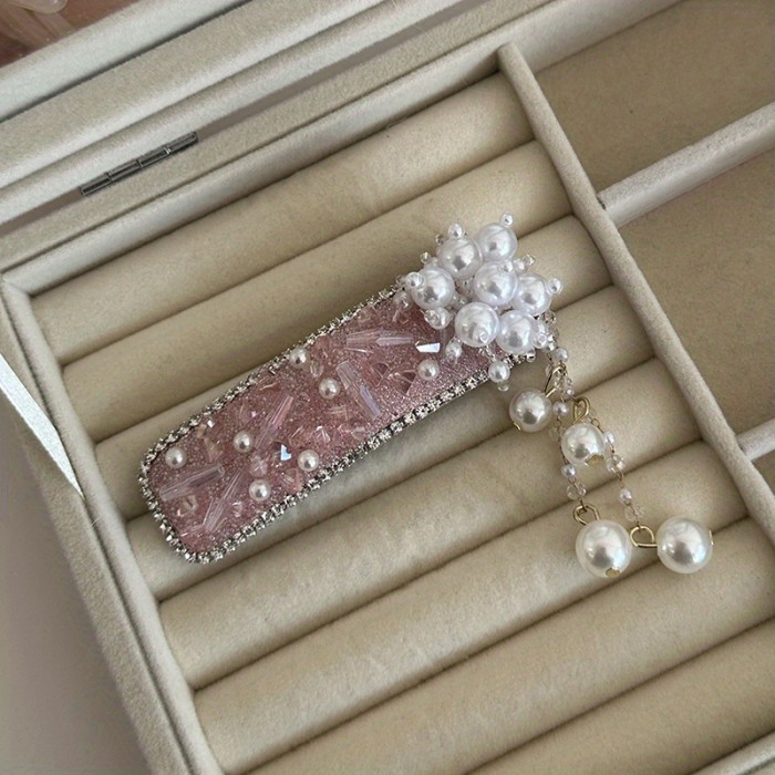 Heavy-Duty Full-Drilled Hair Clip with Side Chain - Elegant Floral-like Imitation Imitation Pearl, Wedding, Party, Everyday Hair - Vintage Chinese Hairpin in Pinkish-Purple Dark Gray-Black color schemes