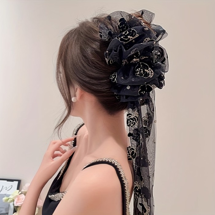 Black Rose Hair Claw with Ribbon Elegant Black Rose Mesh Hair Claw with Long Ribbon - Chic Floral Print, Perfect for All Seasons & Occasions - Ideal Gift for Teens