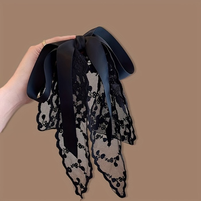 🎀Elegant Lace Ribbon Bow Hair Clip 💕 Floral Pattern Acrylic Accessory for Women & Teens