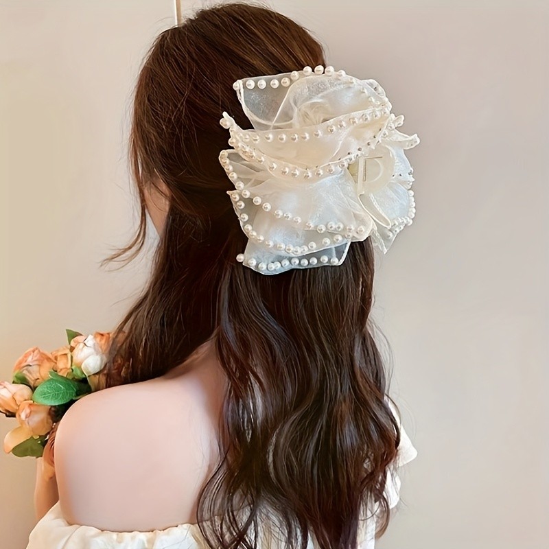 1pc Elegant Bohemian Style Large Hair Clip with Imitation Pearls & Bow, Non-Slip, Strong Grip for Thick Hair, Fashion Accessory (Decorative Accessory Color Position Random), Stylish Hair Accessory | Decorative Bow Hair Clip | Secure Hair Clip, Hair Clip for Long Hair