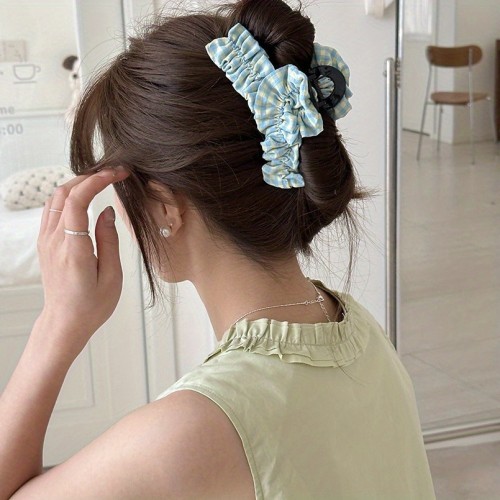 Women's Large Shark Clip - Plaid Hair Claw,  Elegant Bun Updos - Perfect for Everyday, Parties, Formal Events - Hairstyle Accessory, Ruched Design, Textured Grip, Fashion Lovers