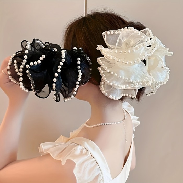 1pc Elegant Bohemian Style Large Hair Clip with Imitation Pearls & Bow, Non-Slip, Strong Grip for Thick Hair, Fashion Accessory (Decorative Accessory Color Position Random), Stylish Hair Accessory | Decorative Bow Hair Clip | Secure Hair Clip, Hair Clip for Long Hair