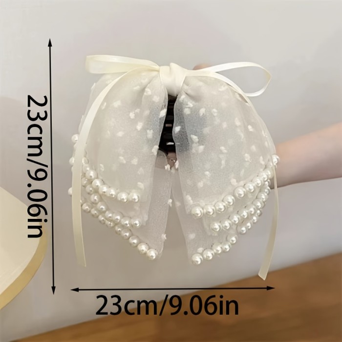 Elegant Large Bow Hair Clip with Pearl and Lace Details - Perfect for Spring and Summer, Ideal for Daily Wear, Commuting, and Special Occasions, Commuting Accessory|Elegant Hair Accessory|Durable Plastic Clip, Hair Clip
