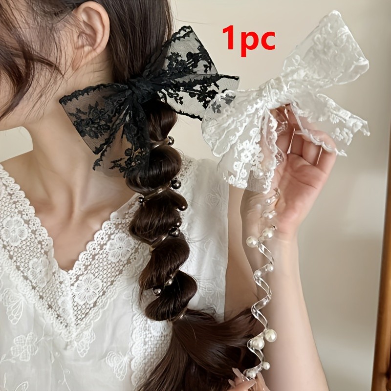 Women's Black Lace Bow & Bead Embellished Spiral Telephone Cord Hair Tie - Elegant Braided Hair Accessory for Ponytails, Buns, Daily & Party Wear, Ponytail Accessories, Festive Hairstyle, Sweet Style, Delicate Embellishment, Stylish Women