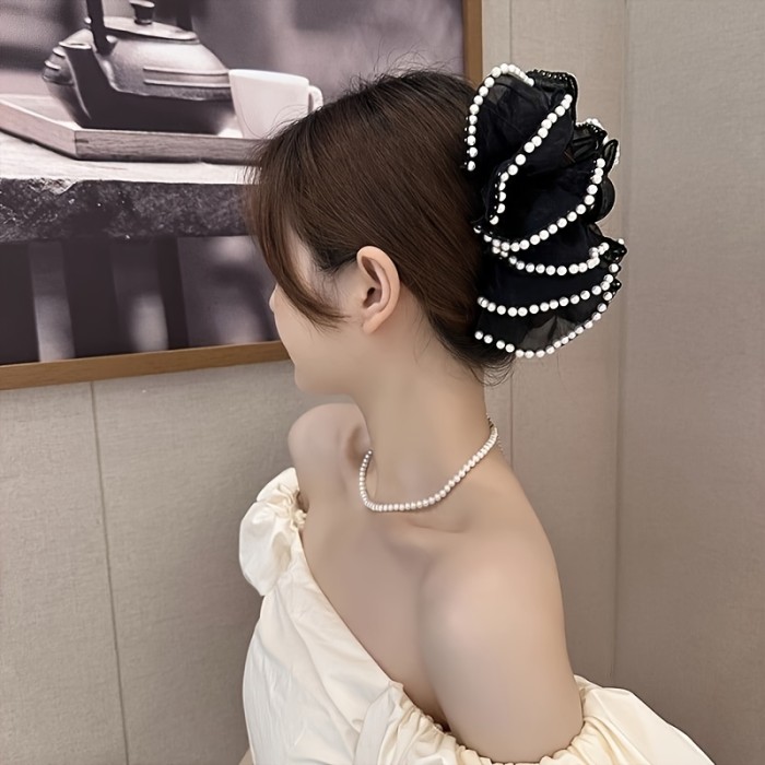 1pc Elegant Bohemian Style Large Hair Clip with Imitation Pearls & Bow, Non-Slip, Strong Grip for Thick Hair, Fashion Accessory (Decorative Accessory Color Position Random), Stylish Hair Accessory | Decorative Bow Hair Clip | Secure Hair Clip, Hair Clip for Long Hair