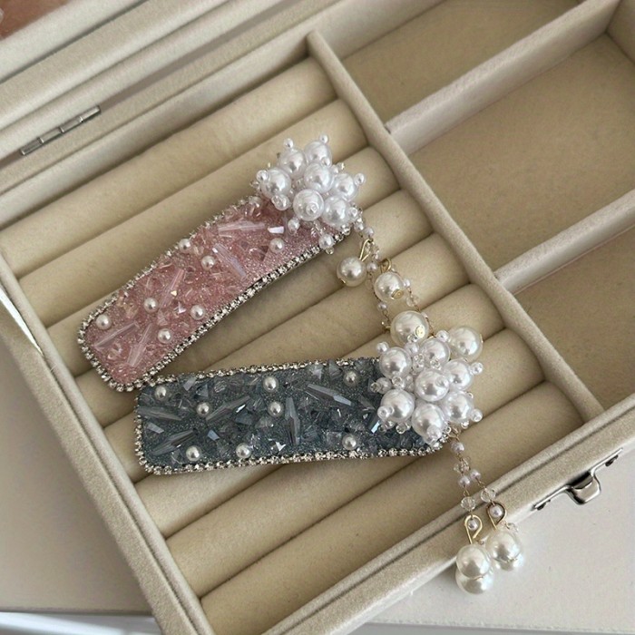 Heavy-Duty Full-Drilled Hair Clip with Side Chain - Elegant Floral-like Imitation Imitation Pearl, Wedding, Party, Everyday Hair - Vintage Chinese Hairpin in Pinkish-Purple Dark Gray-Black color schemes