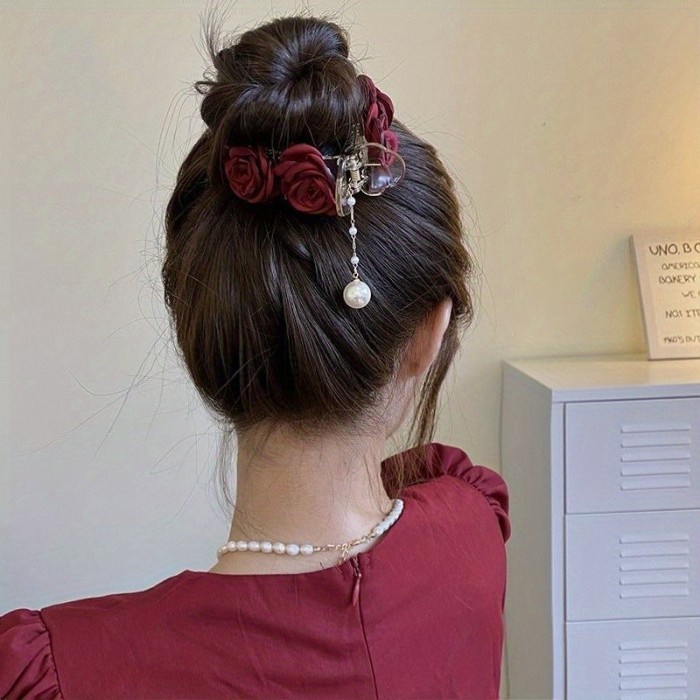2pcs Elegant Rose Hair Clips - Soft Pink & Burgundy Floral Hairpins with Pearl Accents, Secure Shark Clip for Women, Minimalist Sweet Style Hair Accessories for Updos, Ponytails, Buns, Everyday & Formal Events, Cute Hair Clips, Ponytail Holders, Sophisticated Design, Durable Hairpins, Bun Holders, Delicate Design, Lightweight Hairpins, Fashion Lovers, Hair Clamp, Hairpin Set, Hair Clamps, Long Hair Accessories