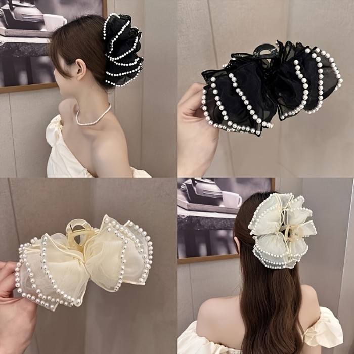 1pc Elegant Bohemian Style Large Hair Clip with Imitation Pearls & Bow, Non-Slip, Strong Grip for Thick Hair, Fashion Accessory (Decorative Accessory Color Position Random), Stylish Hair Accessory | Decorative Bow Hair Clip | Secure Hair Clip, Hair Clip for Long Hair