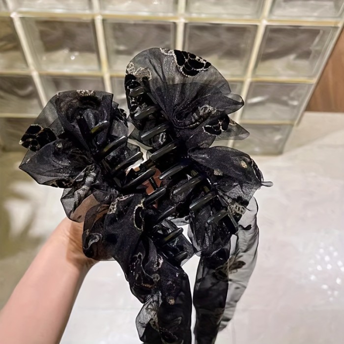 Black Rose Hair Claw with Ribbon Elegant Black Rose Mesh Hair Claw with Long Ribbon - Chic Floral Print, Perfect for All Seasons & Occasions - Ideal Gift for Teens
