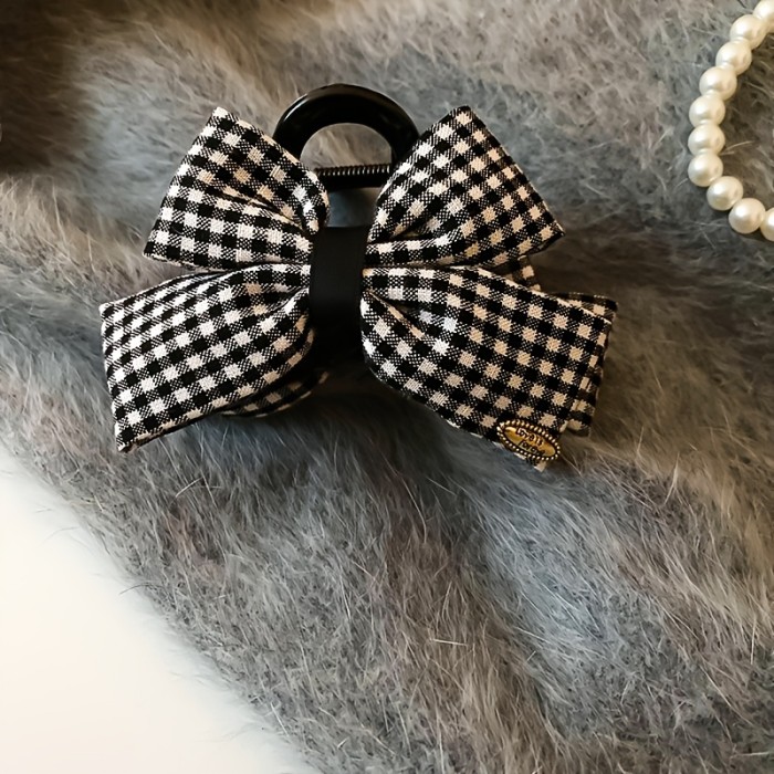 Elegant Hair Clip Elegant Double-Sided Gingham Bow Acrylic Hair Clip - Medium Size Black & White Checkered Hair Claw Clip for Women, Secure Hold for Casual & Formal Hairstyles, Sleek Design, Single