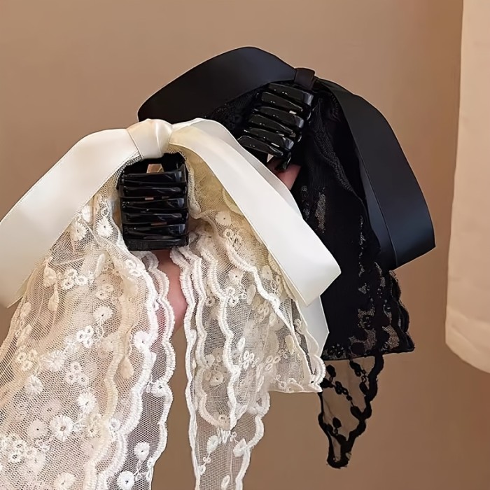 🎀Elegant Lace Ribbon Bow Hair Clip 💕 Floral Pattern Acrylic Accessory for Women & Teens