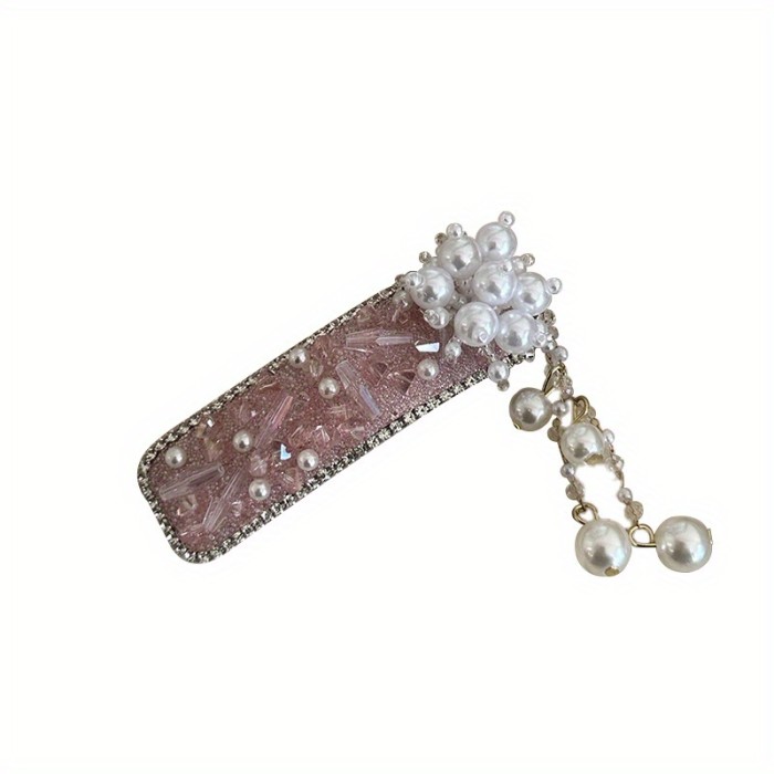 Heavy-Duty Full-Drilled Hair Clip with Side Chain - Elegant Floral-like Imitation Imitation Pearl, Wedding, Party, Everyday Hair - Vintage Chinese Hairpin in Pinkish-Purple Dark Gray-Black color schemes