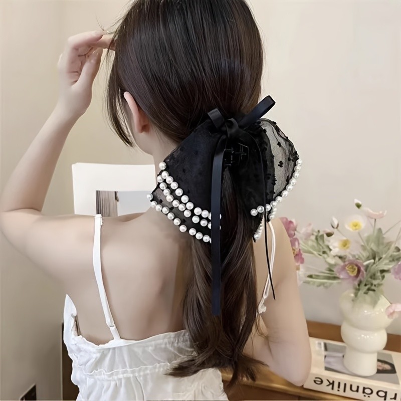 Elegant Large Bow Hair Clip with Pearl and Lace Details - Perfect for Spring and Summer, Ideal for Daily Wear, Commuting, and Special Occasions, Commuting Accessory|Elegant Hair Accessory|Durable Plastic Clip, Hair Clip