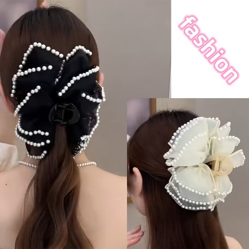 1pc Elegant Bohemian Style Large Hair Clip with Imitation Pearls & Bow, Non-Slip, Strong Grip for Thick Hair, Fashion Accessory (Decorative Accessory Color Position Random), Stylish Hair Accessory | Decorative Bow Hair Clip | Secure Hair Clip, Hair Clip for Long Hair