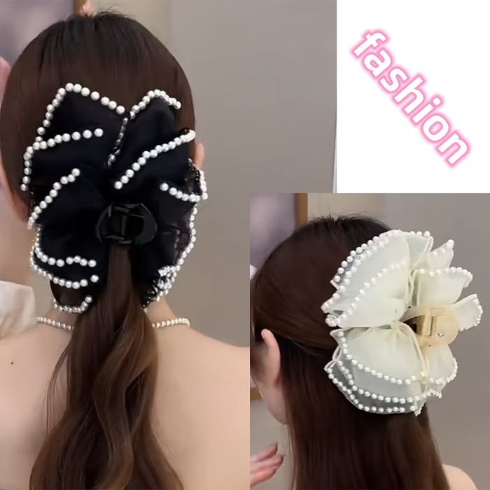 1pc Elegant Bohemian Style Large Hair Clip with Imitation Pearls & Bow, Non-Slip, Strong Grip for Thick Hair, Fashion Accessory (Decorative Accessory Color Position Random), Stylish Hair Accessory | Decorative Bow Hair Clip | Secure Hair Clip, Hair Clip for Long Hair