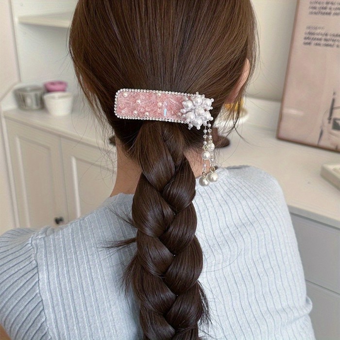 Heavy-Duty Full-Drilled Hair Clip with Side Chain - Elegant Floral-like Imitation Imitation Pearl, Wedding, Party, Everyday Hair - Vintage Chinese Hairpin in Pinkish-Purple Dark Gray-Black color schemes