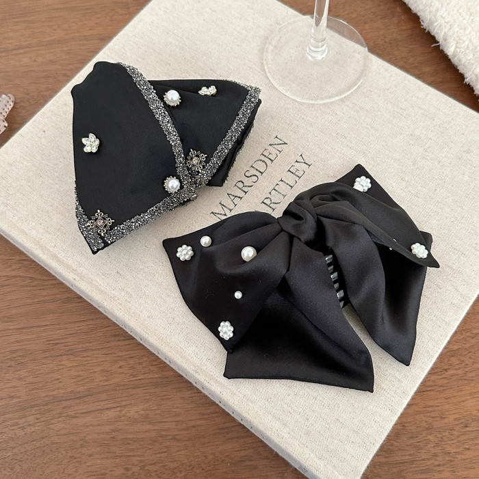 Large Retro Elegant Hair Clip for Women - Black Glossy Satin Bow with -like Accent, Hold Low Ponytail & Bun Maker, Vintage Hair Accessory for Weddings, Parties, Everyday Use (No, Easy Clip-In)