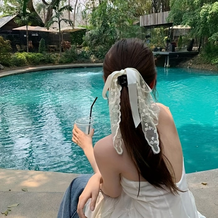 🎀Elegant Lace Ribbon Bow Hair Clip 💕 Floral Pattern Acrylic Accessory for Women & Teens