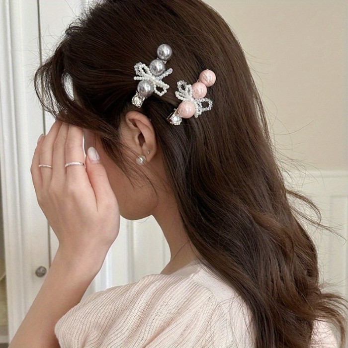 Elegant Pearl & Bow Hair Clip for Women - Retro Duck Bill Design, Metallic Finish, Secure Hold for Updos, Ponytails, Buns - Versatile Hair Accessory for Casual & Formal Events, Cute Hair Clips, Bunmaking Accessory, Sophisticated Style, Metallic Finish Clip