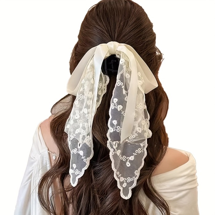 🎀Elegant Lace Ribbon Bow Hair Clip 💕 Floral Pattern Acrylic Accessory for Women & Teens