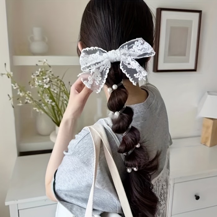 Women's Black Lace Bow & Bead Embellished Spiral Telephone Cord Hair Tie - Elegant Braided Hair Accessory for Ponytails, Buns, Daily & Party Wear, Ponytail Accessories, Festive Hairstyle, Sweet Style, Delicate Embellishment, Stylish Women