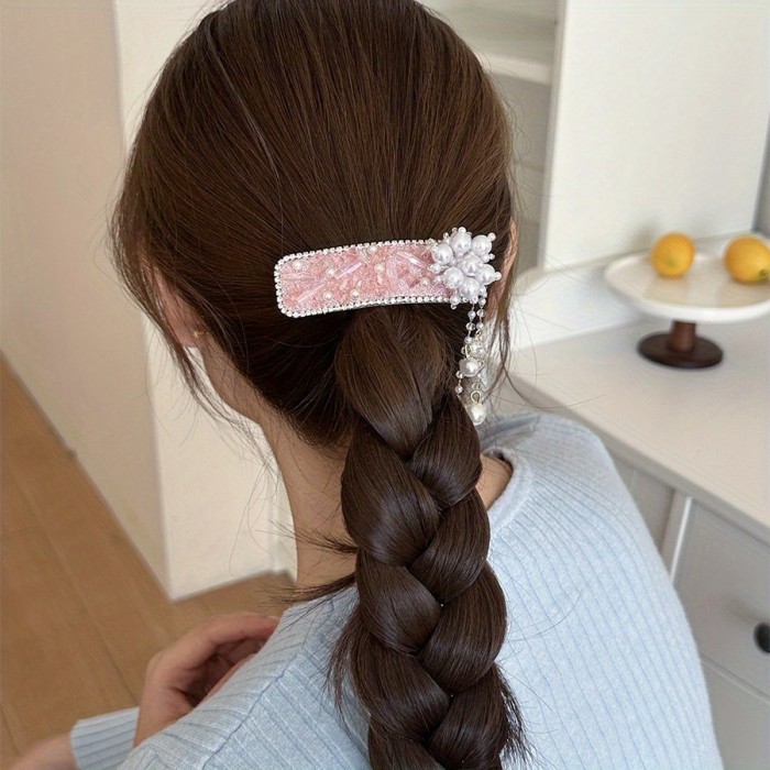 Heavy-Duty Full-Drilled Hair Clip with Side Chain - Elegant Floral-like Imitation Imitation Pearl, Wedding, Party, Everyday Hair - Vintage Chinese Hairpin in Pinkish-Purple Dark Gray-Black color schemes