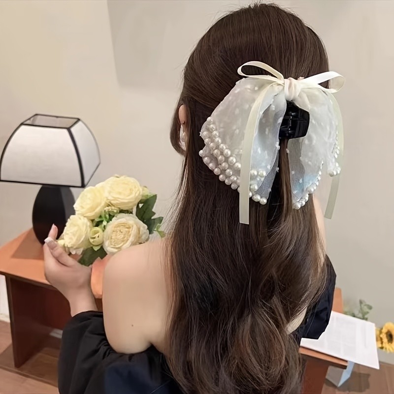 Elegant Large Bow Hair Clip with Pearl and Lace Details - Perfect for Spring and Summer, Ideal for Daily Wear, Commuting, and Special Occasions, Commuting Accessory|Elegant Hair Accessory|Durable Plastic Clip, Hair Clip