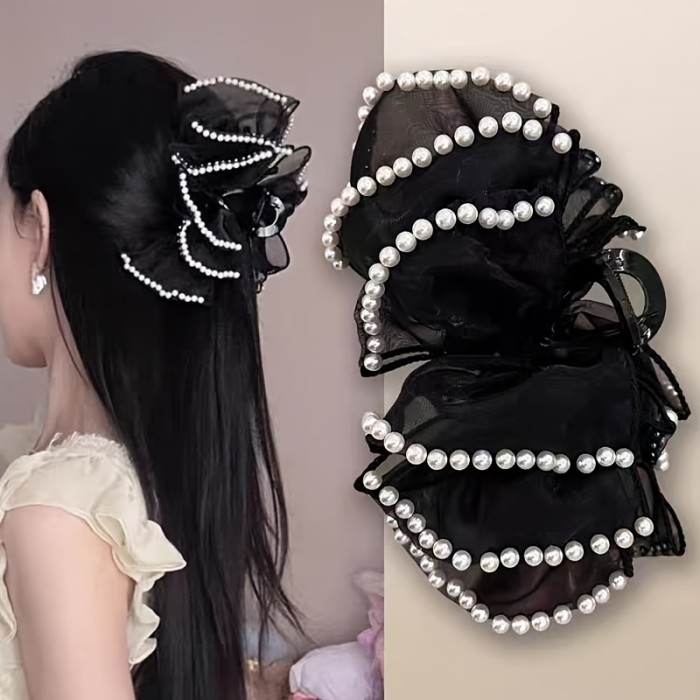 1pc Elegant Bohemian Style Large Hair Clip with Imitation Pearls & Bow, Non-Slip, Strong Grip for Thick Hair, Fashion Accessory (Decorative Accessory Color Position Random), Stylish Hair Accessory | Decorative Bow Hair Clip | Secure Hair Clip, Hair Clip for Long Hair