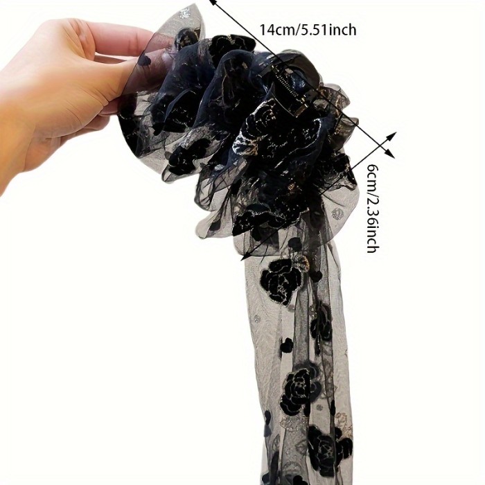 Black Rose Hair Claw with Ribbon Elegant Black Rose Mesh Hair Claw with Long Ribbon - Chic Floral Print, Perfect for All Seasons & Occasions - Ideal Gift for Teens