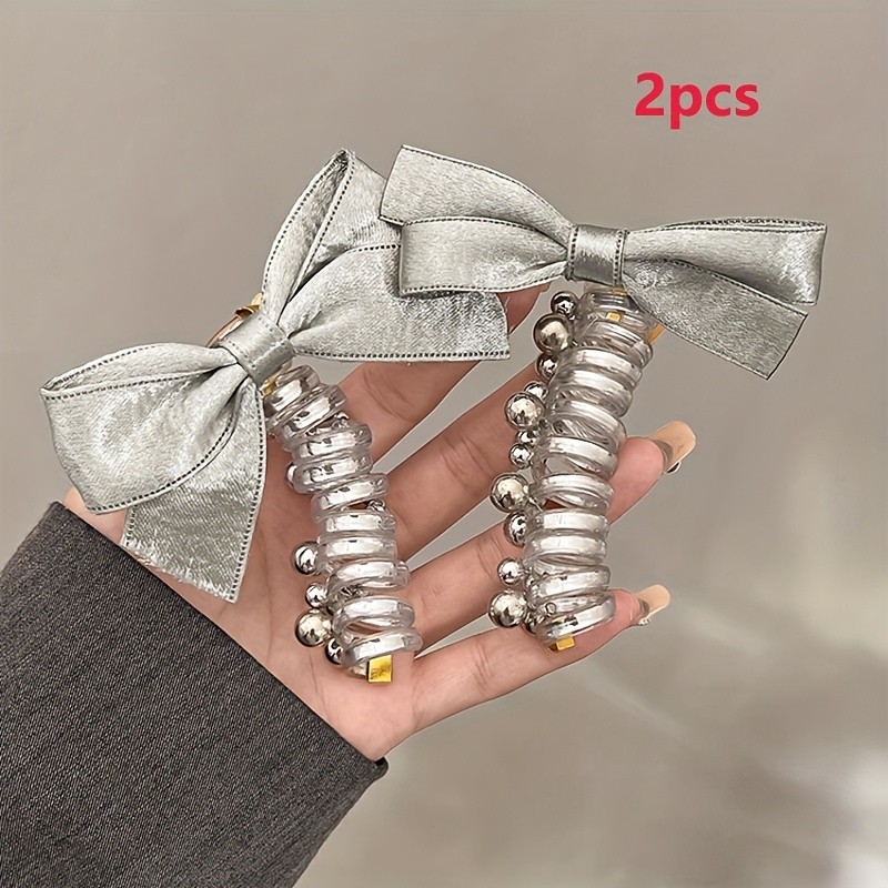 2pcs New Silveryy Beaded Bow Hair Ties Satin Bow Hair Bands Women'S Fashion Y2K Headwear Accessories