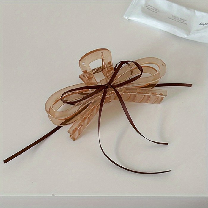 Single Large Elegant Bow Tie Hair Clip - Minimalist Ballet-Inspired Hair Accessory with Ribbon-like Design & Secure Shark Clip for Women, Brown Hair - Versatile for Everyday & Special Occasions (Durable, Non-Slip)