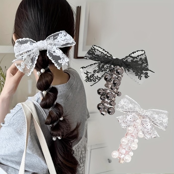 Women's Black Lace Bow & Bead Embellished Spiral Telephone Cord Hair Tie - Elegant Braided Hair Accessory for Ponytails, Buns, Daily & Party Wear, Ponytail Accessories, Festive Hairstyle, Sweet Style, Delicate Embellishment, Stylish Women