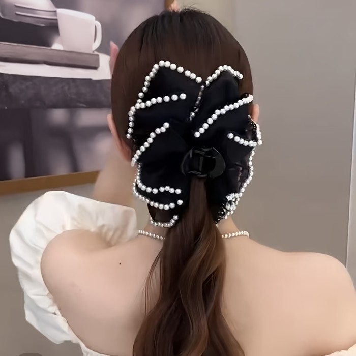 1pc Elegant Bohemian Style Large Hair Clip with Imitation Pearls & Bow, Non-Slip, Strong Grip for Thick Hair, Fashion Accessory (Decorative Accessory Color Position Random), Stylish Hair Accessory | Decorative Bow Hair Clip | Secure Hair Clip, Hair Clip for Long Hair