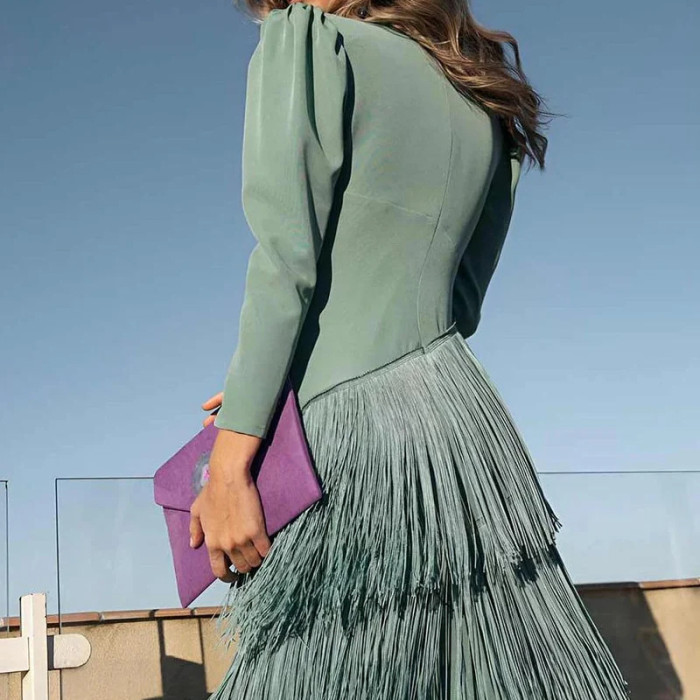Chic High Waist Pleated Tassel Hem Dress Fashion Solid Color Women Banquet Dresses French Style V-neck Long Sleeve Evening Dress
