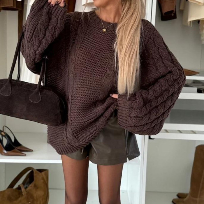 Autumn Fashion Round Neck Pullover Jumper Women's Casual Long Sleeve Loose Knitted Tops Winter Elegant Hollow Out Solid Sweater