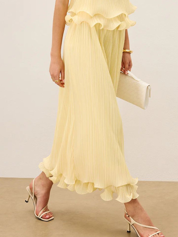 Sexy Off Shoulder Sling Top and Long Skirt Suit Yellow Pleated Slim Fit Party Outfits French Ruffle Design Women Two Piece Set