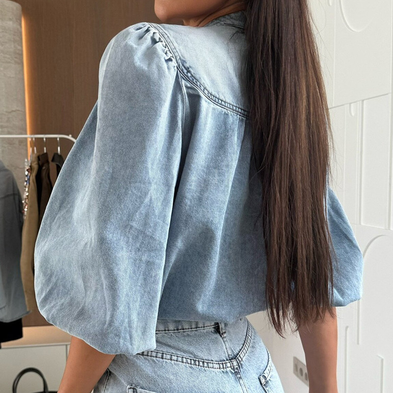 Elegant V-neck Loose Women's Denim Blouse Fashion Simple Commute Top for Women Casual Single Breasted Lantern Long Sleeve Shirts