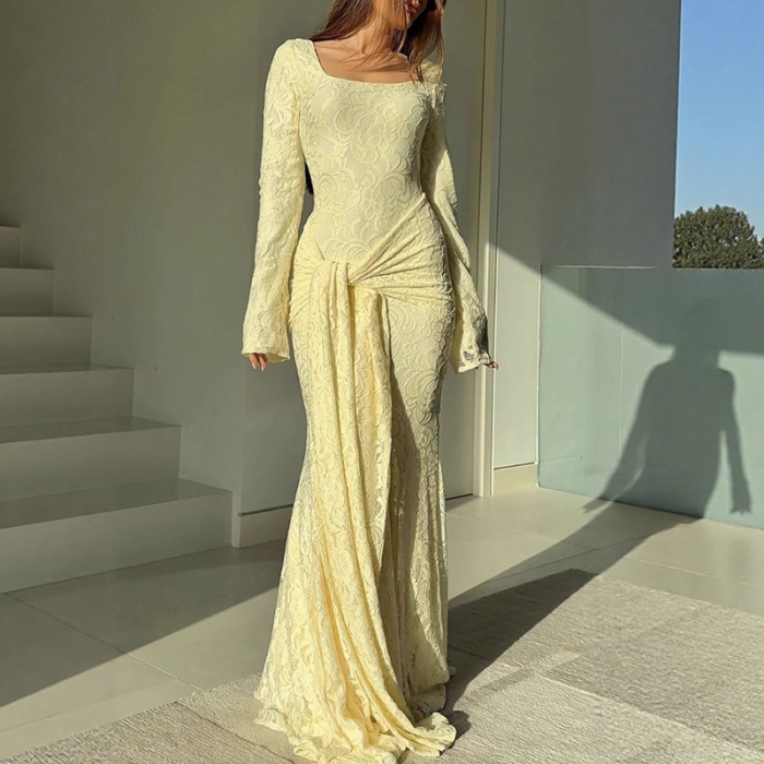 Sexy U Collar Lace Fishtail Backless Dress Elegant Solid Color Slim Evening Party Dress Temperament Long Sleeve Lace Up Dresses