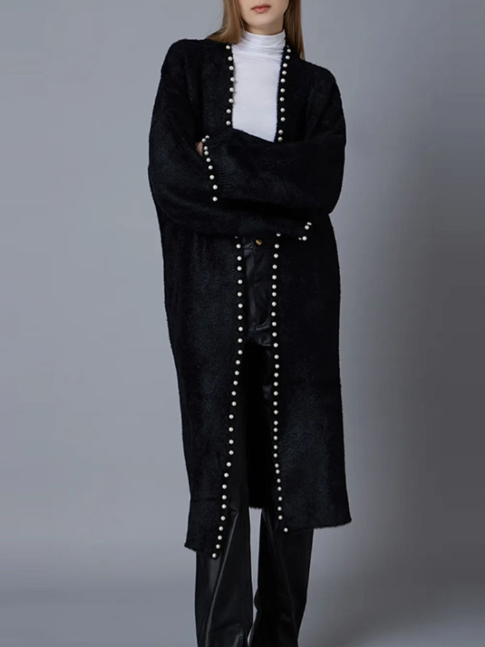 Elegant Beaded Mink Fleece Long Cardigan Autumn Winter Casual Long Sleeve Loose Design  Outercoat Women Fashion Solid Knit Coat